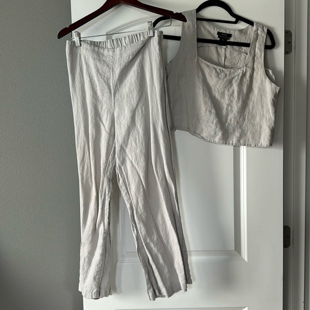 Tahari Light Gray Linen Crop Tank and Pants Set